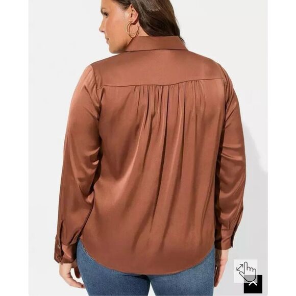 Torrid Madison Copper Brown Satin Button-Up Long Sleeve Shirt 5X - Picture 2 of 7